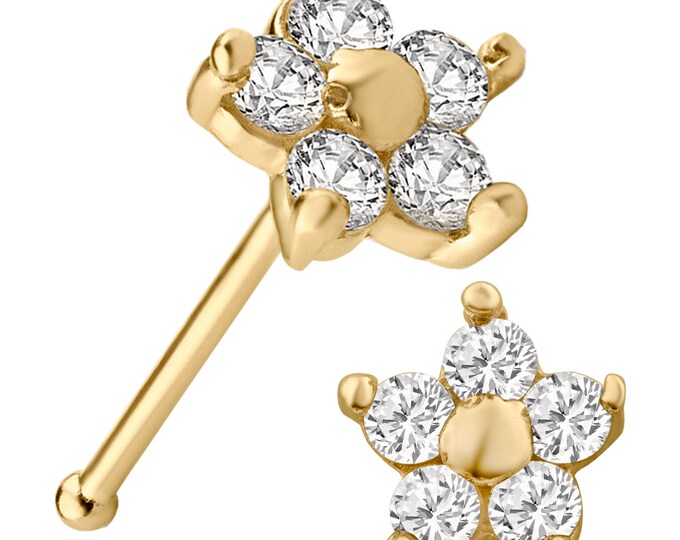 14k Solid Yellow Gold 5 Round Cubic Zirconia Prong Setting Flower Design Nose Bone