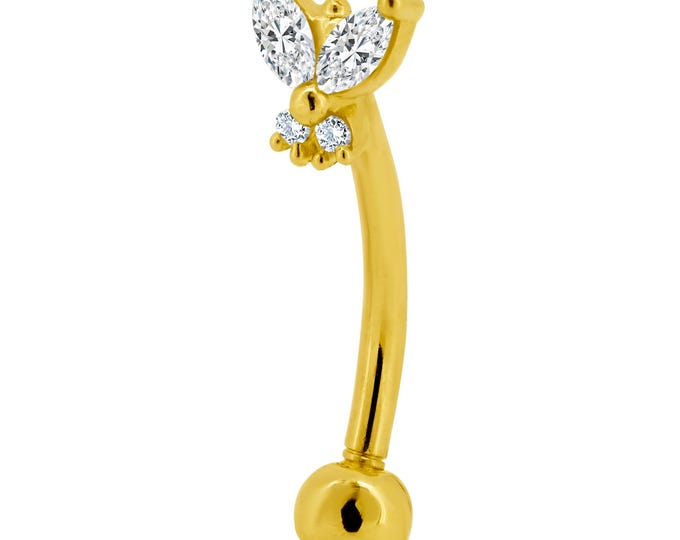 14k Solid Gold Eyebrow Butterfly with CZ with Internal Threaded Screw