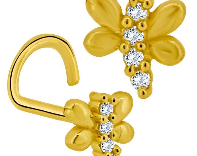 14k Solid Yellow Gold Dragonfly Design 4 Round Clear Zircon Cork Screw Nose Screw