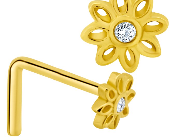 14k Solid Yellow Gold Polished Hollow Flower Design Round Clear Zircon L-Shape Nose Ring