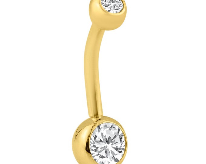 14k Solid Gold Double Gem Bezel Zircon Banana Belly Ring