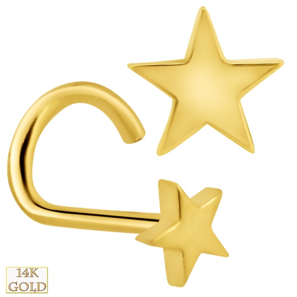 14k Solid Yellow Gold Star Design Nose Screw, Cork Screw Style, Polished Finish, Unique Jewelry