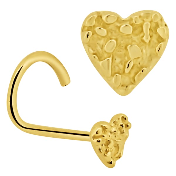 14k Solid Yellow Gold Corkscrew Nose Screw, Heart Design, 22g Thickness, Nugget Style, Unique Jewelry