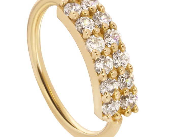 14k Solid Gold Prong Setting Double Layer 12 Zircon Hoops | Lip Piercing | Helix Hoop | Cartilage | Conch Hoop | Body Jewelry | Earring
