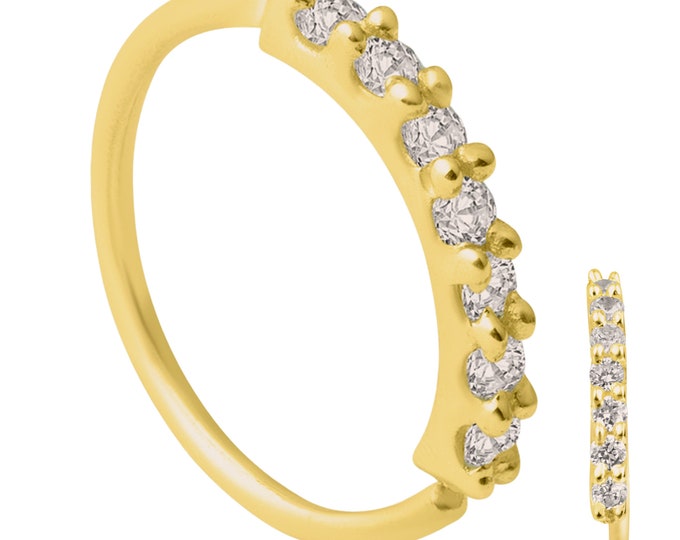 14k Solid Gold Hoops Piercing with 7 Cubic Zirconia Prong Setting | Nose Ring | Lip Piercing | Helix Hoop | Cartilage | Conch Hoop