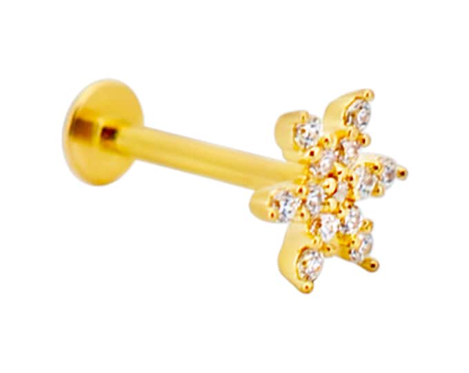 14k Yellow Gold Flower with Multi Cubic Zirconia 18g Labret Flatback