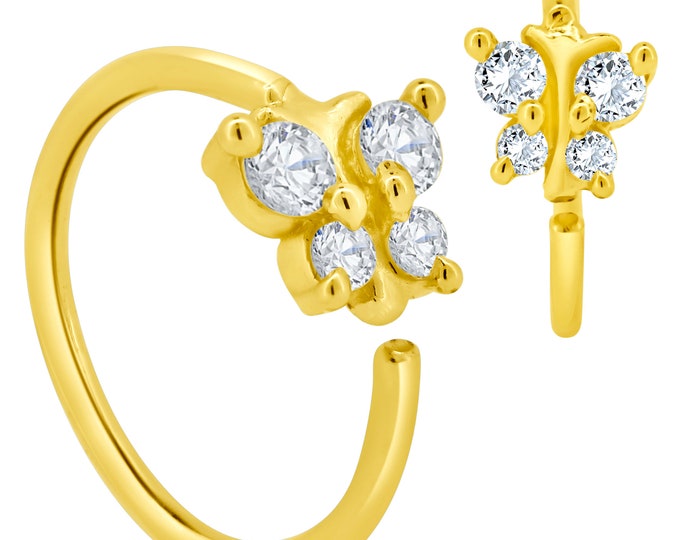 14K Solid Gold Butterfly Design with Zircon Nose Hoops | Lip Piercing | Helix Hoop | Cartilage | Conch Hoop | Body Jewelry | Earring