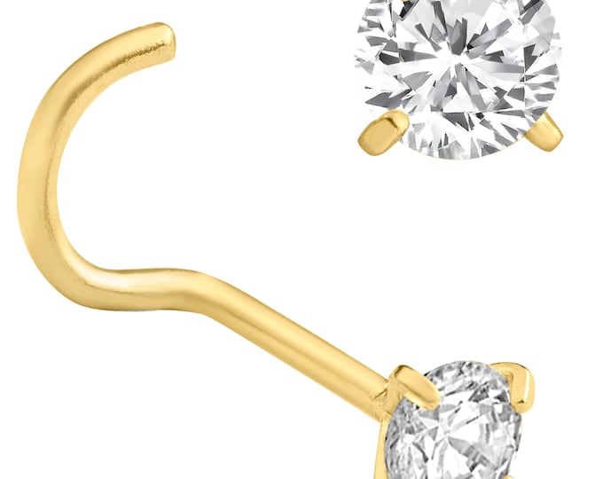 14k Solid Gold Nose Screw with Round Cubic Zirconia in Prong Setting