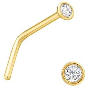 14k Solid Yellow Gold L-Shape Round Cubic Zirconia Bezel Setting Nose Ring