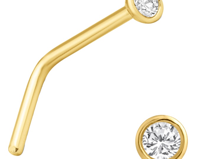 14k Solid Yellow Gold L-Shape Round Cubic Zirconia Bezel Setting Nose Ring
