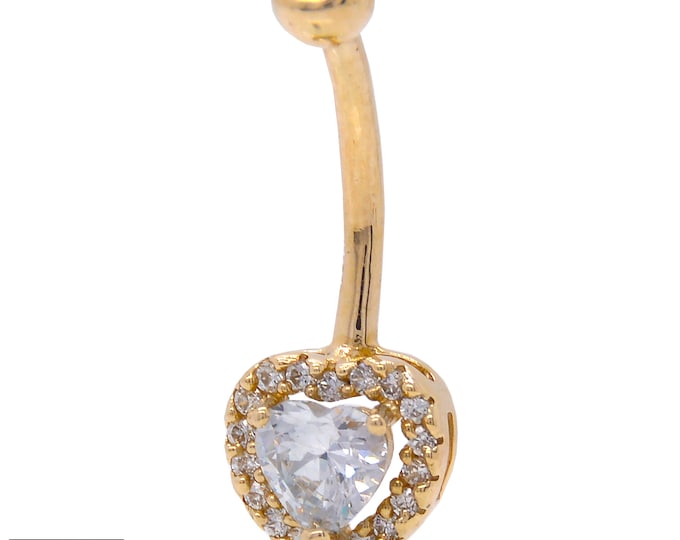 10k Solid Gold Banana Belly Ring, Heart CZ Dangle Navel Piercing, Jewelry Gift For Her