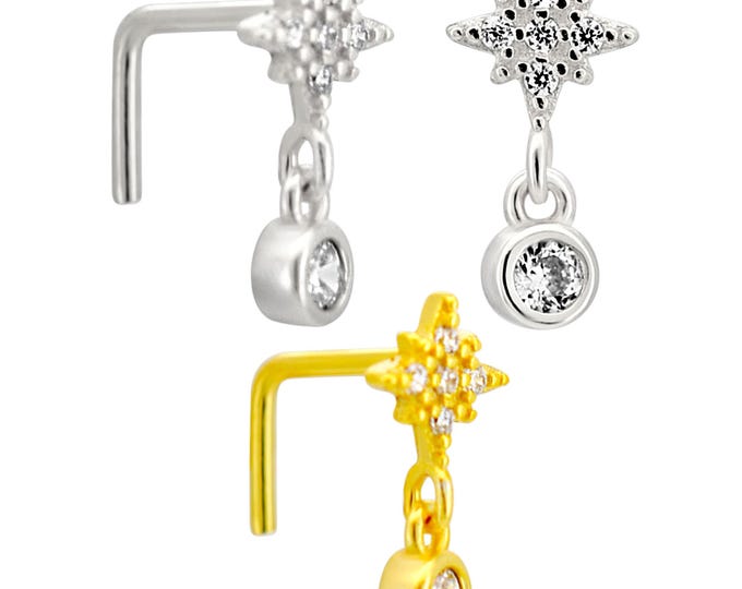 Sterling Silver Starburst with Dangling CZ L-Shaped Nose Ring