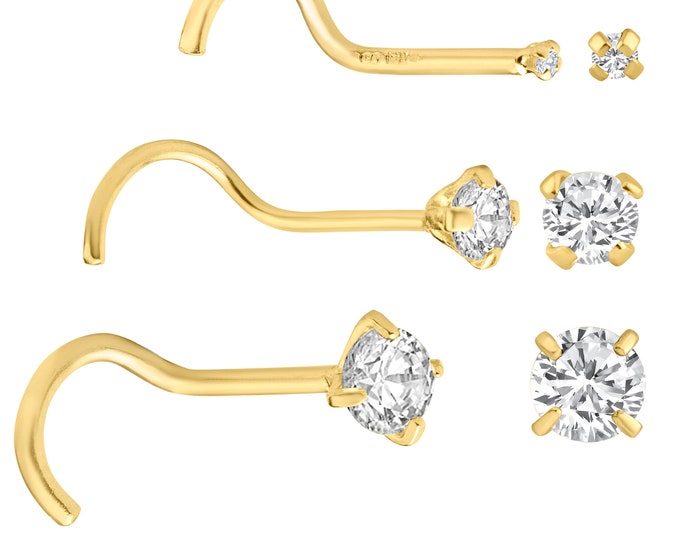 14k Solid  Gold Prong Setting  Round Si1 Diamond Nose Screw, Cork Screw