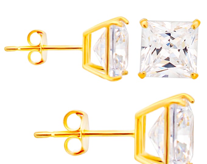 14K Solid Gold Stud Earrings with Clear Square Cubic Zirconia
