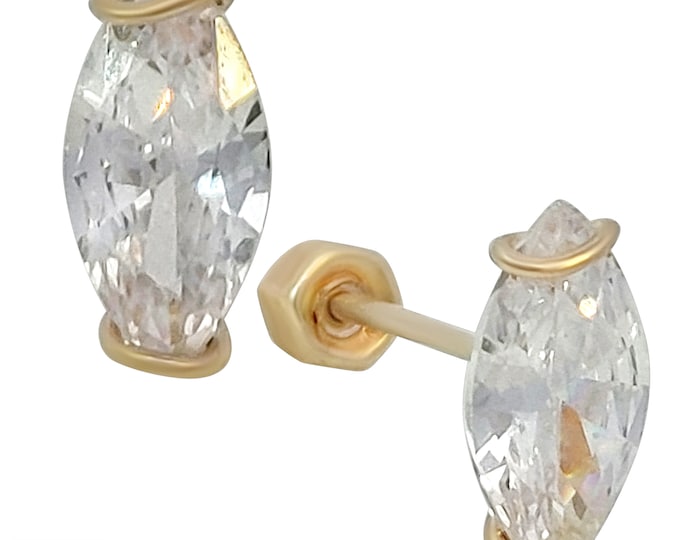 14k Solid Gold 8x4 mm Marquise CZ Stud Earrings