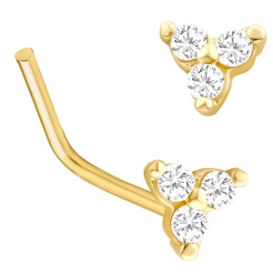 14k Yellow Gold Three Stone 1mm SI1 Diamonds Prong Setting Triangle L Shaped Nose Bone