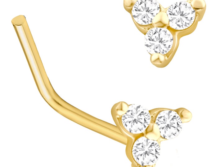 14k Yellow Gold CZ Triangle L Shaped Nose Bone, Prong Setting, Unique Jewelry, Nose Piercing, Gift For Her