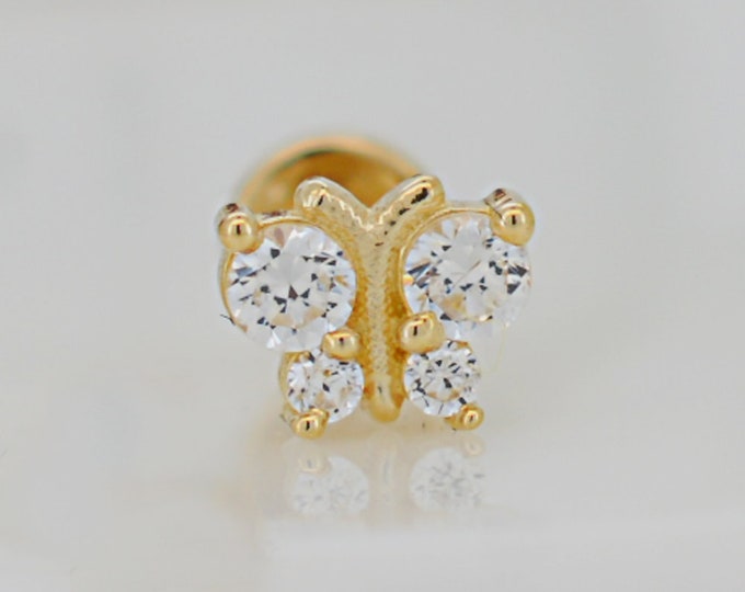 14k Yellow Gold Butterfly with Zircon Labret | Flat Back Earrings | Helix Piercing | Conch | Stud | Daith | Tragus | Body Jewelry | 6MM