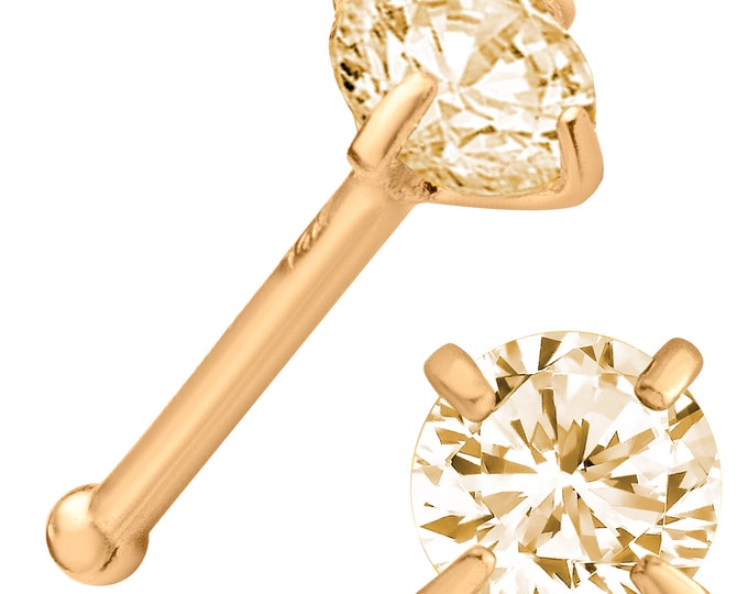14k Rose Gold Round 2.5mm Champagne Diamond Prong Setting 20g Thickness 7mm Length Bar Nose Bone