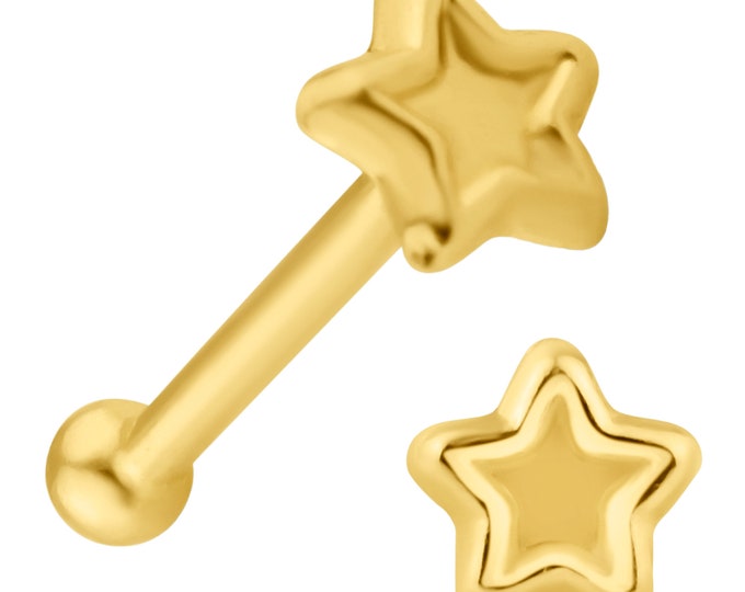 14k Solid Yellow Gold 2.5mm Beveled Star Stud Design 7mm Length Nose Bone