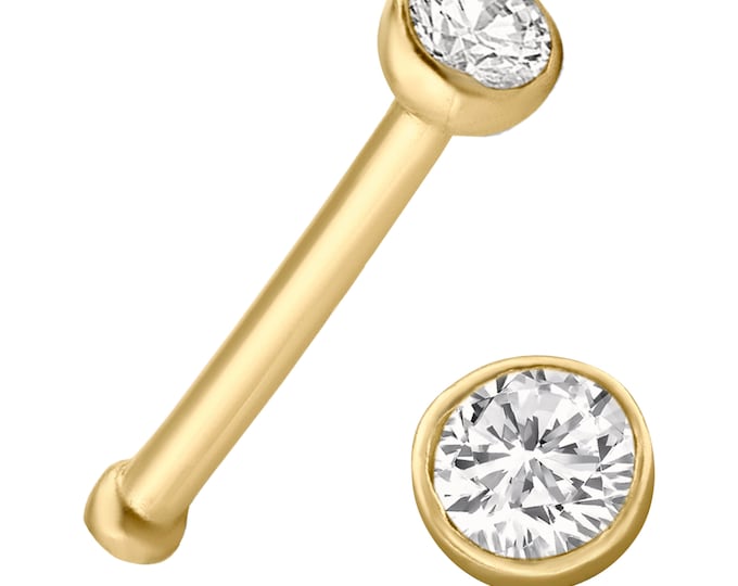14k Yellow Gold Round Cubic Zirconia Bezel Set 20g Thickness 7mm Length Bar Nose Bone | 1.5mm | 2.0mm