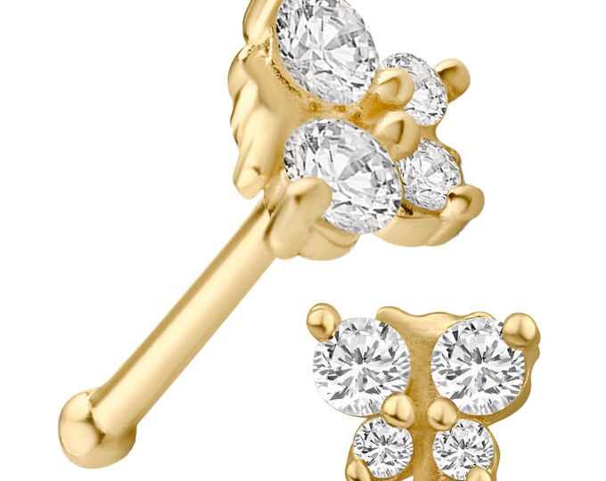 14k Solid Yellow Gold 4 Round Cubic Zirconia Butterfly Design Nose Bone