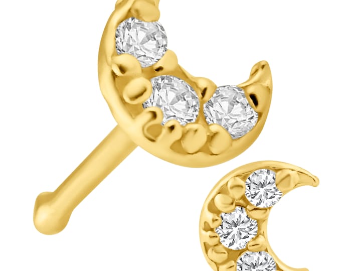 14k Solid Yellow Gold 3 Stone Cubic Zirconia Plain Crescent Moon Design Nose Bone