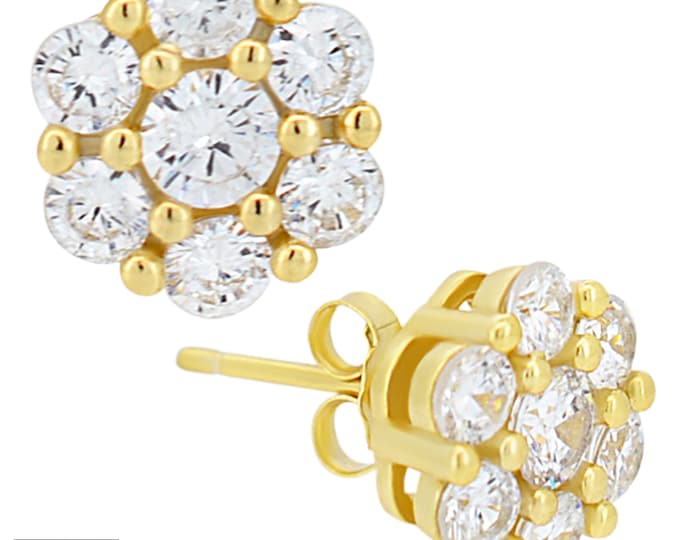 925 Sterling Silver Gold Plated Round Flower Push Back Stud Earring