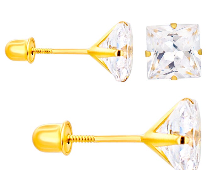 14K Solid Gold Screw Back Stud Earring with Square Clear Zircon in Stamping Prong Setting