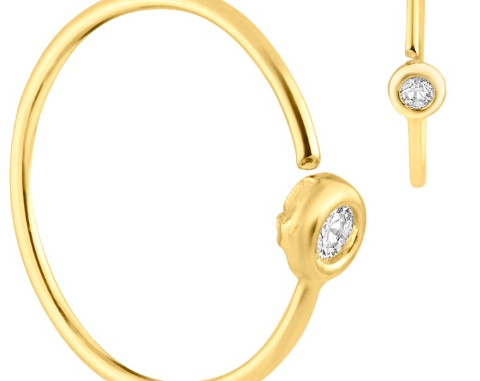 14k Solid Gold Bezel Setting Zircon Hoops Piercing Twist Top Open | Nose Ring | Lip Piercing | Helix Hoop | Cartilage | Conch Hoop | 8MM