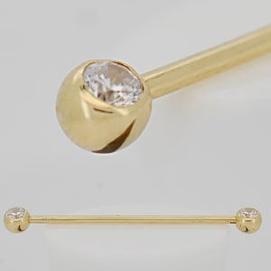 14k Solid Gold Industrial Barbell with Double Gem Ball CZ Externally Threaded | Industrial Piercing | 38MM | 1.6MM | Ear Piercing
