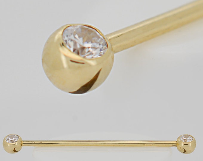14k Solid Gold Industrial Barbell with Double Gem Ball CZ Externally Threaded | Industrial Piercing | 38MM | 1.6MM | Ear Piercing