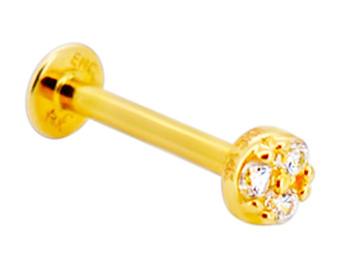 14k Yellow Gold Round Stud with Three Tiny Cubic Zirconia 18g Labret Flatback