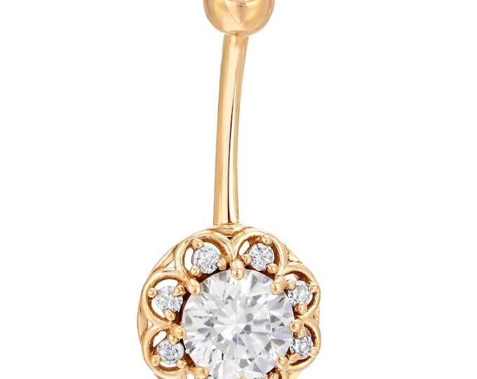 14k Solid Gold Flower with Multi CZ Belly Ring