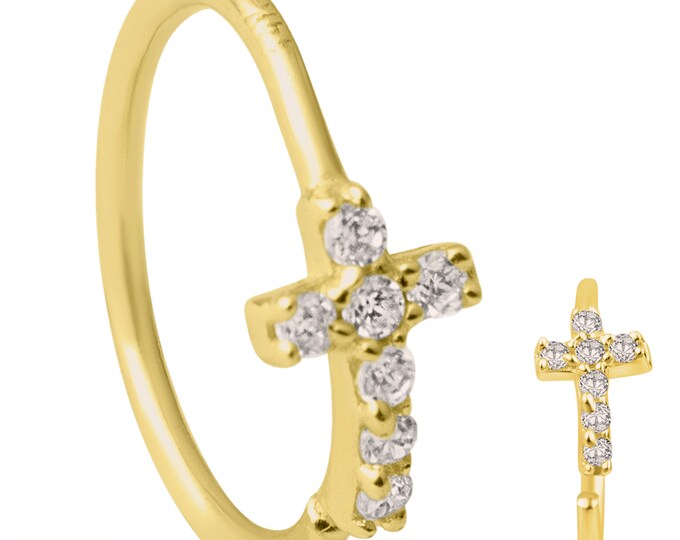 14k Yellow Gold Cross with Multi Cubic Zirconia Hoop Piercing | Lip Piercing | Helix Hoop | Cartilage | Conch Hoop | Body Jewelry | Earring