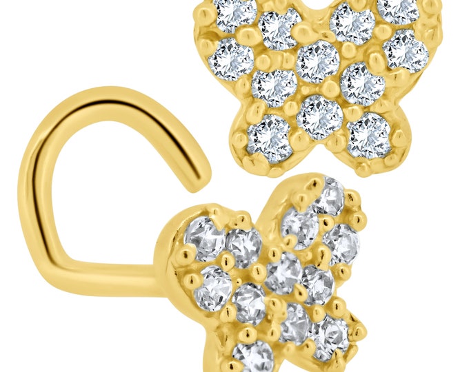 14k Yellow Gold Butterfly Shape 12 Round Cubic Zirconia Prong Setting Screw Nose Ring