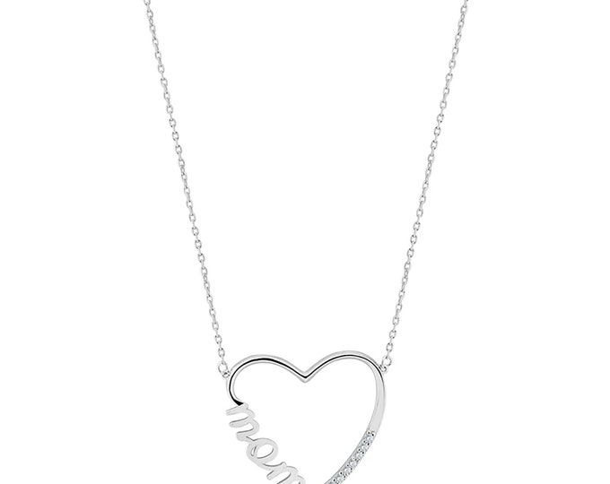 925 Sterling Silver Hollow Heart with MOM Script and CZ Stones Pendant Necklace