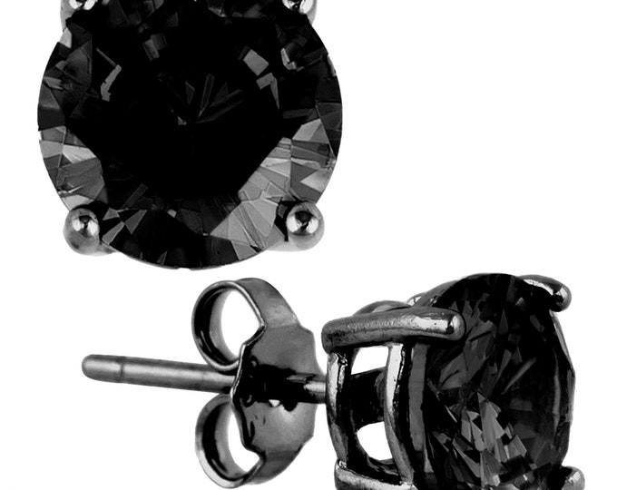 925 Sterling Silver Black Plated Stud Earrings with Round Black Cubic Zirconia