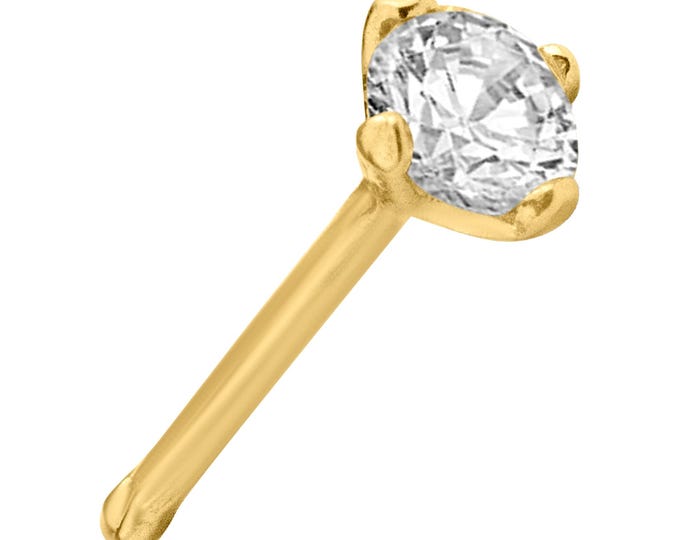 14k Solid Gold Round 20g Nose Bone with Round Cubic Zirconia Prong Setting