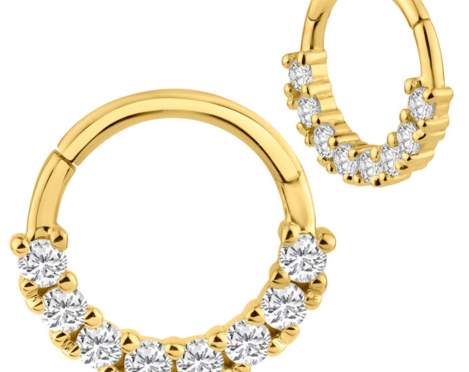 14k Yellow Gold 8 Round Cubic Zirconia Hinged Hoops | Lip Piercing | Helix Hoop | Cartilage | Conch Hoop | Body Jewelry | Earring