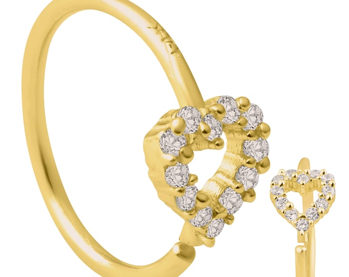 14k Yellow Gold Hollow Heart Multi Cubic Zirconia Around Hoop | Lip Piercing | Helix Hoop | Cartilage | Conch Hoop | Body Jewelry | Earring