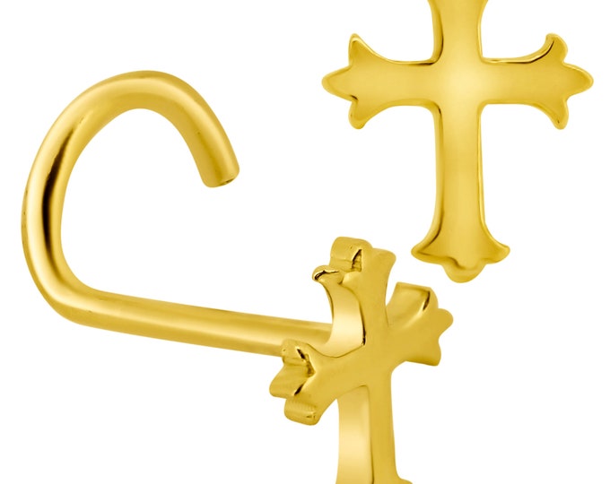 14k Solid Yellow Gold Polished Plain Cross Design Cork Screw Nose Screw
