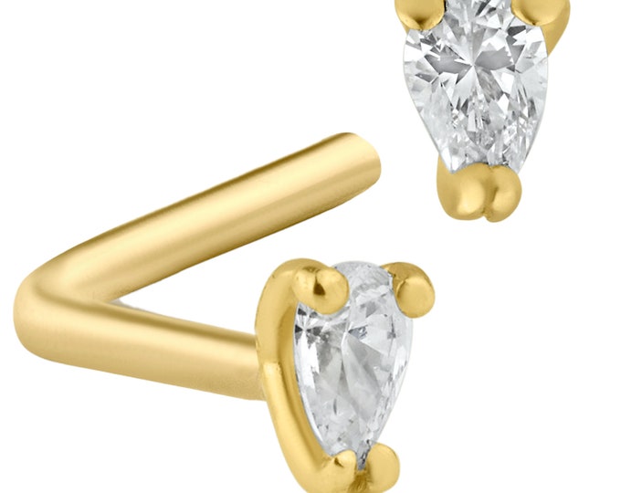 14k Solid Yellow Gold Tear Drop Cubic Zirconia Prong Setting L Shape Nose Ring