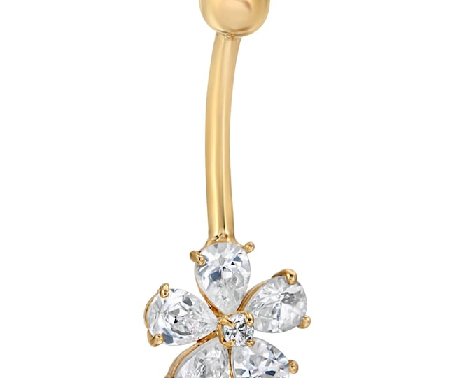 14k Solid Gold Five Petal Flower with CZ Belly Ring