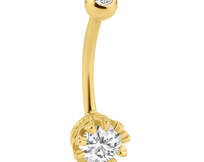 14k Solid Gold Round CZ in Multi Prong Setting Belly Ring
