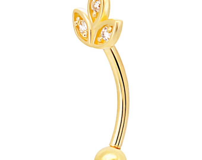 14k Yellow Gold CZ Leaves Eyebrow Barbell Externally Threaded Screw
