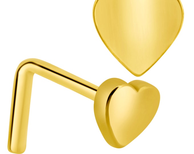 14k Solid Yellow Gold Polished Plain Heart Design L-Shape Nose Ring