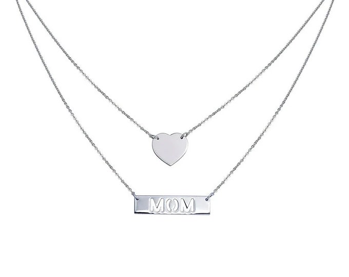 925 Sterling Silver Double Chain Heart and "Mom" Pendant Necklace