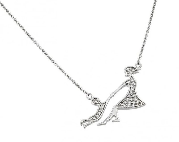 925 Sterling Silver CZ Studded Mother and Child Pendant Necklace