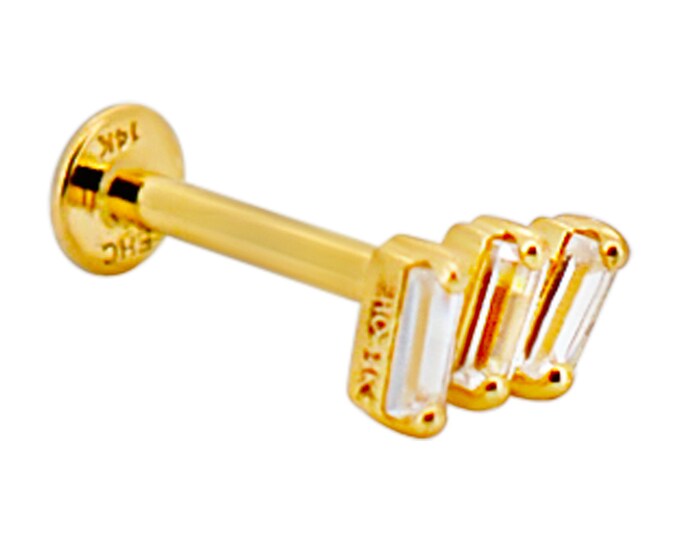 14k Yellow Gold Three (3) Baguette Cubic Zirconia 18g Labret Flatback
